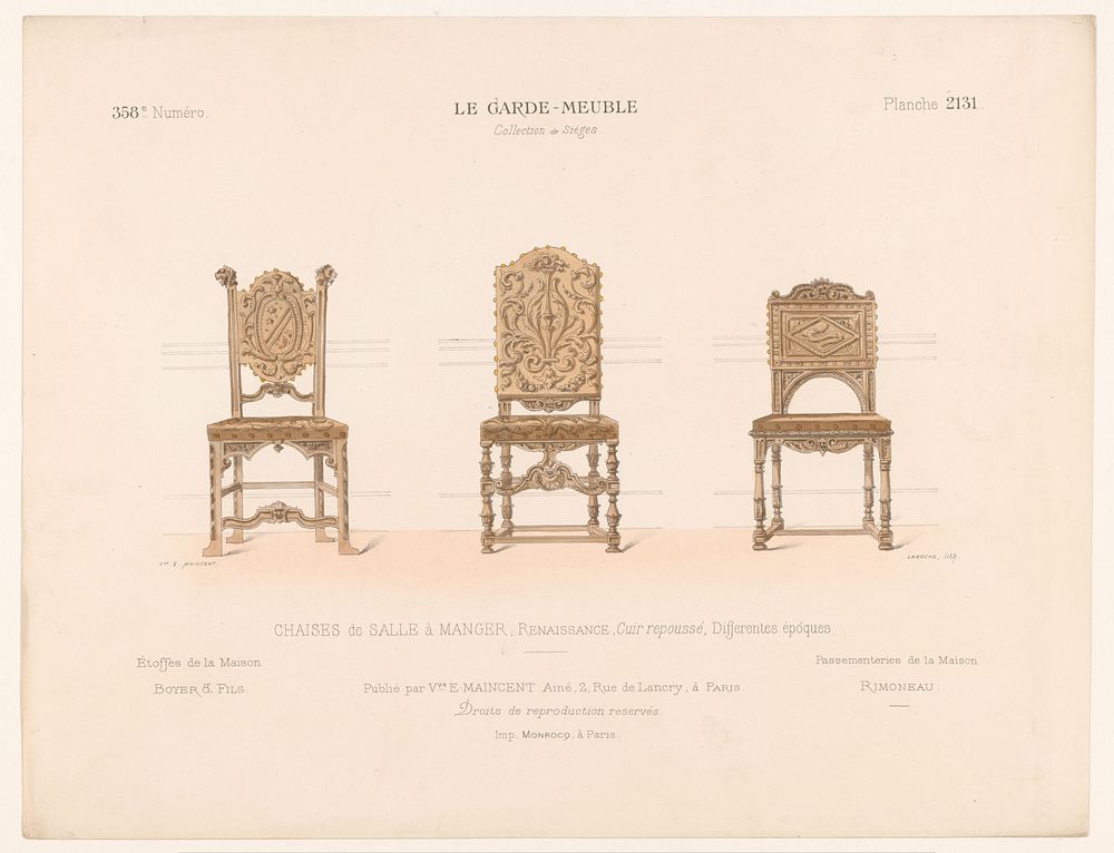 Drie eetkamerstoelen (1895 - 1935) by Léon Laroche, Monrocq and weduwe Eugène Maincent