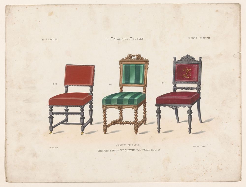 Drie stoelen (1832 - 1877) by Zamor, Victor Joseph Quétin, Victor Joseph Quétin and Victor Joseph Quétin
