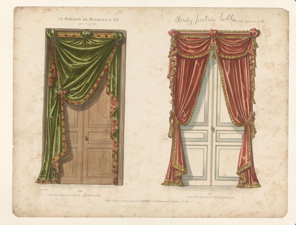 Twee deuren met gordijnen (1878 - in or after 1904) by anonymous, Victor Léon Michel Quétin, Victor Léon Michel Quétin and…