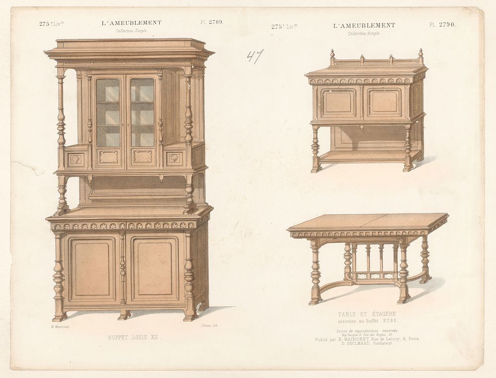 Buffetkast, kast en tafel (1885 - 1895) by Chanat, Becquet frères, Eugène Maincent and Désiré Guilmard