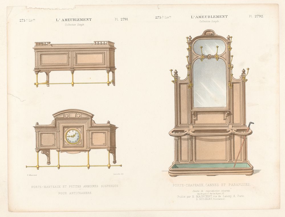 Twee kapstokken en meubel met spiegel en kapstokken (1885 - 1895) by Léon Laroche, Becquet frères, Eugène Maincent and…