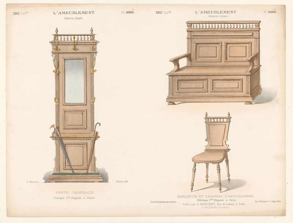Meubel met spiegel en kapstokken, bank en stoel (1885 - 1895) by Chanat, Becquet frères, Eugène Maincent and Désiré Guilmard
