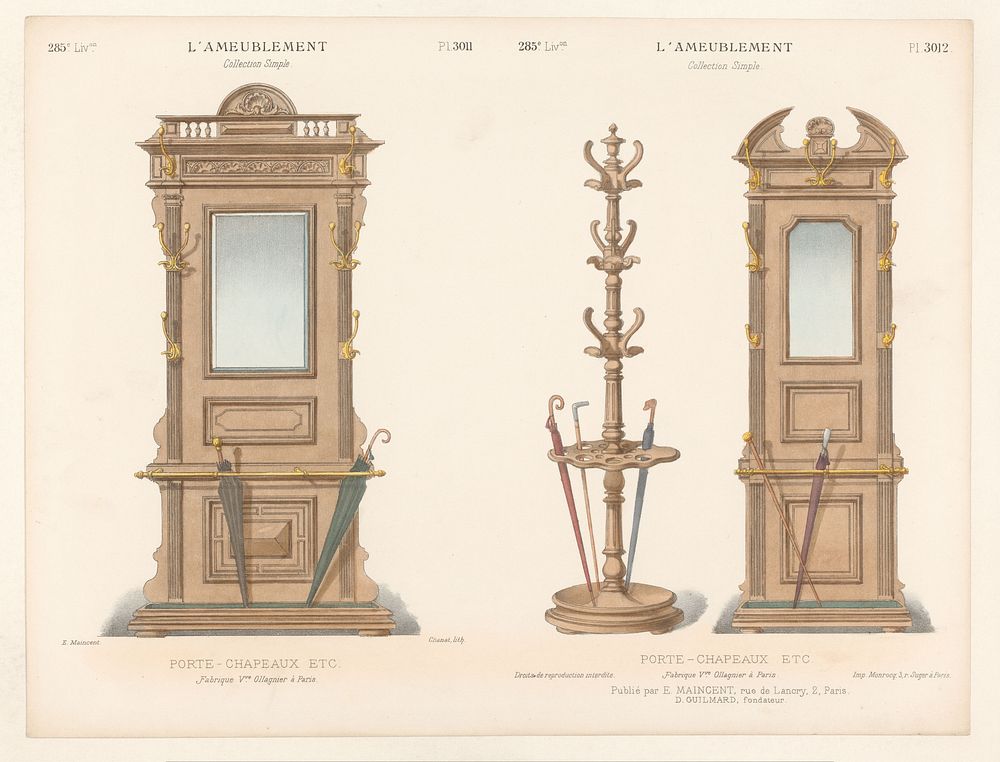 Kapstok en twee meubels met spiegel en kapstokken (1885 - 1895) by Chanat, Monrocq, Eugène Maincent and Désiré Guilmard