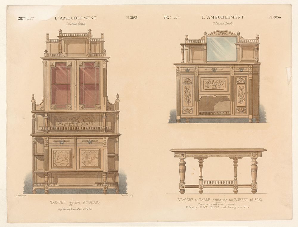 Buffetkast, kast en tafel (1885 - 1895) by Léon Laroche, Monrocq and Eugène Maincent