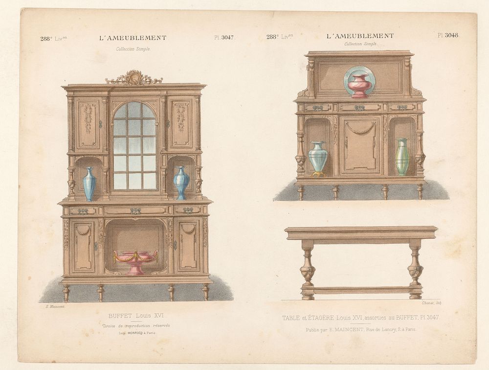 Buffetkast, kast en tafel (1885 - 1895) by Chanat, Monrocq and Eugène Maincent