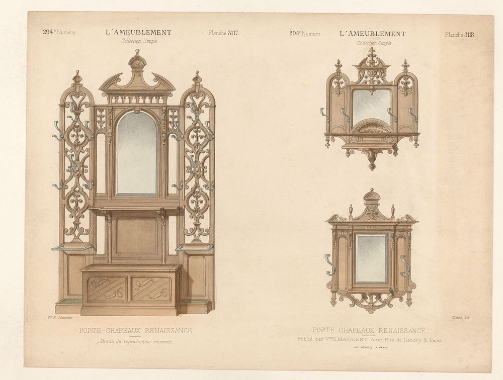 Meubel met spiegel en kapstokken en twee kapstokken (1895) by Chanat, Monrocq and weduwe Eugène Maincent