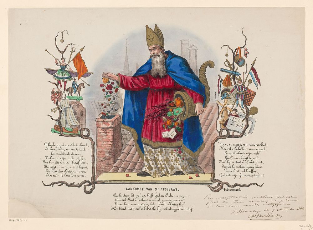 Sinterklaas gooit snoepgoed in een schoorsteen (1866) by anonymous, Charles van Lier and Charles van Lier