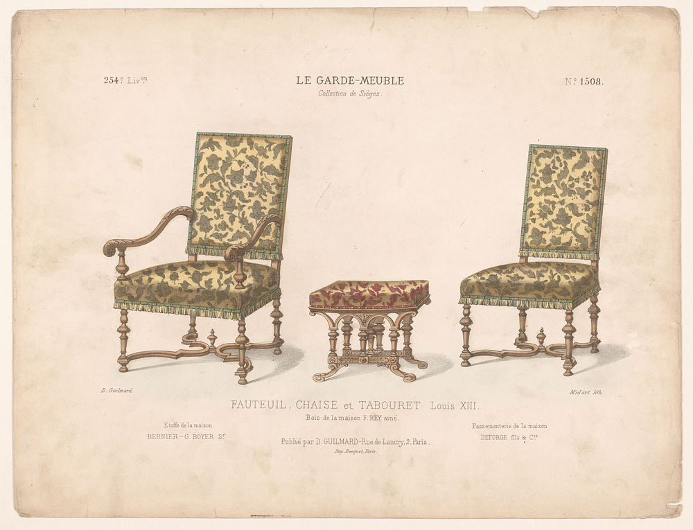 Fauteuil, stoel en tabouret (1839 - 1885) by Midart, Becquet and Désiré Guilmard