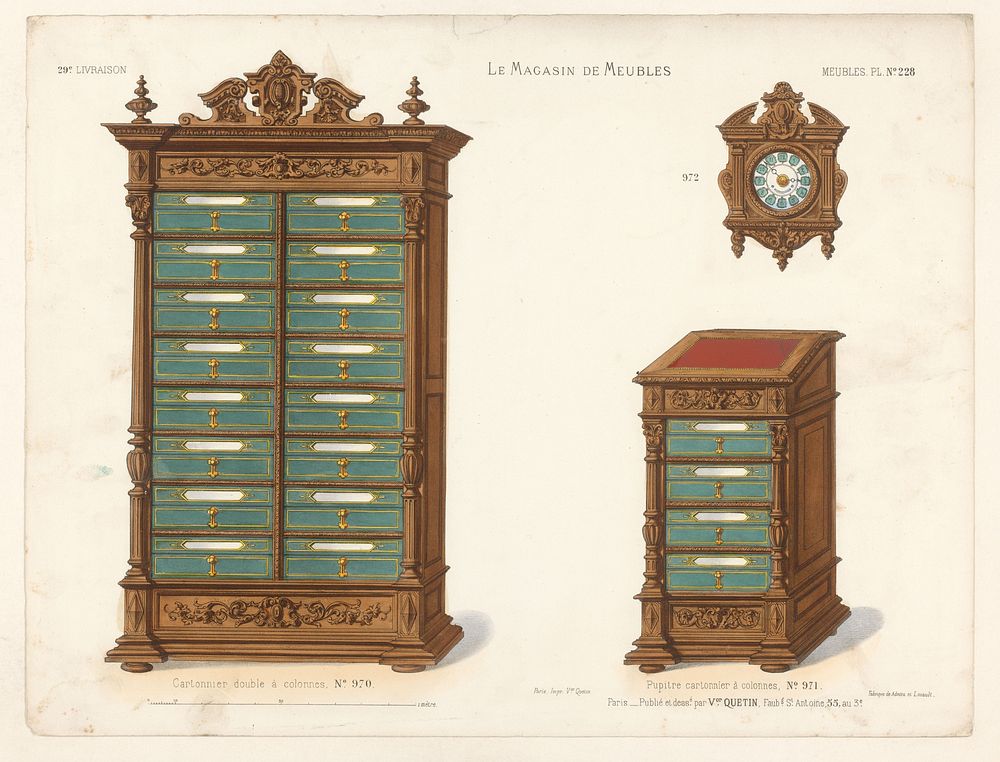 Twee ladekasten en een klok (1832 - 1877) by anonymous, Victor Joseph Quétin, Victor Joseph Quétin and Victor Joseph Quétin