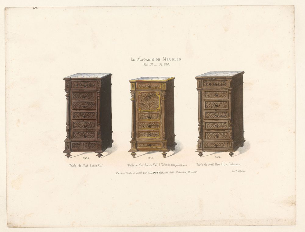 Drie nachtkastjes (1878 - in or after 1904) by anonymous, Victor Léon Michel Quétin, Victor Léon Michel Quétin and Victor…