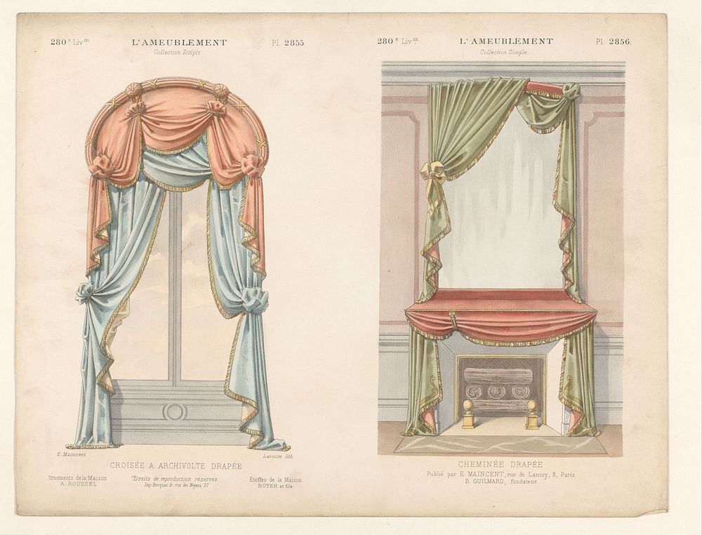 Venster met gordijnen en schouw met draperieën (1885 - 1895) by Léon Laroche, Becquet frères, Eugène Maincent and Désiré…