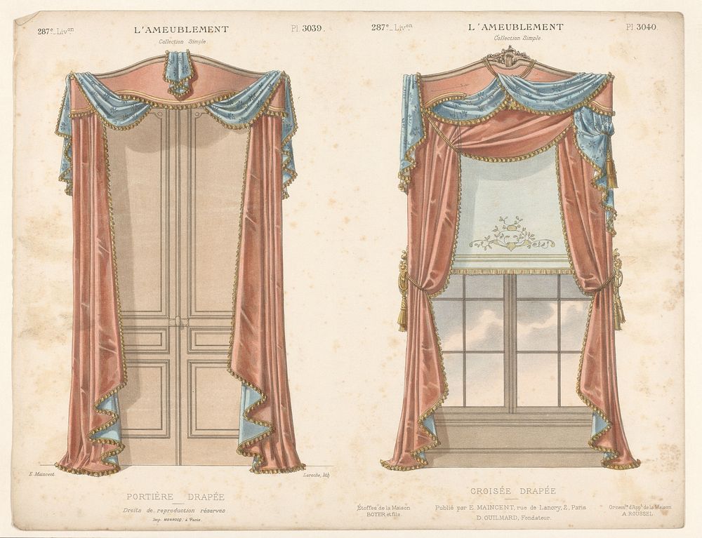 Deur en venster met gordijnen (1885 - 1895) by Léon Laroche, Monrocq, Eugène Maincent and Désiré Guilmard