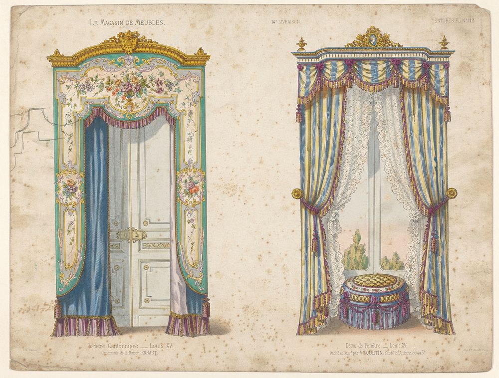 Deur en venster met gordijnen (1832 - 1877) by anonymous, Victor Joseph Quétin and Victor Joseph Quétin