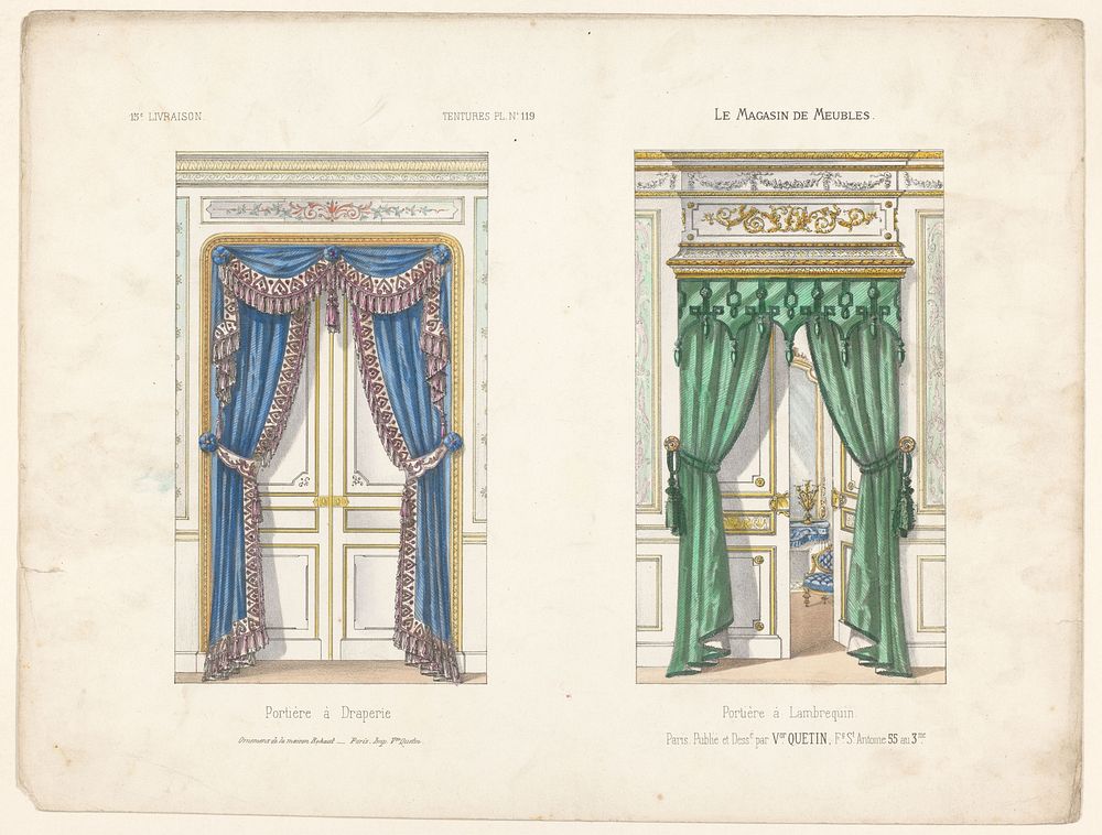 Twee deuren met gordijnen (1832 - 1877) by anonymous, Victor Joseph Quétin and Victor Joseph Quétin