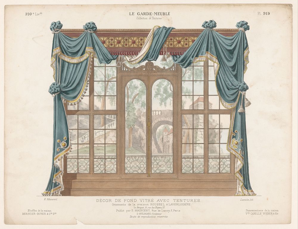 Raampartij met gordijnen (c. 1885 - c. 1895) by Léon Laroche, Eugène Maincent, Becquet and Eugène Maincent