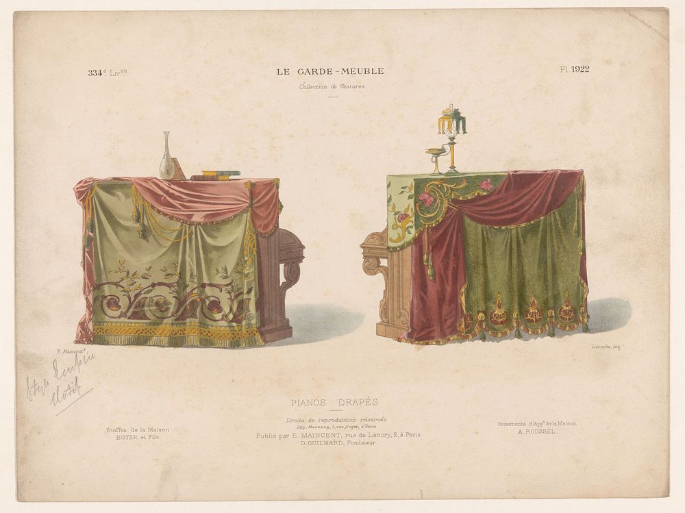 Piano's met draperieën (c. 1885 - c. 1895) by Léon Laroche, Eugène Maincent, Monrocq and Eugène Maincent