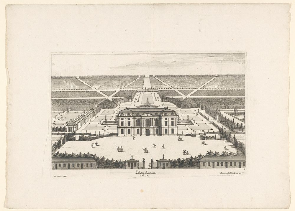 Gezicht op Schloss Schonhausen (1751 - 1808) by Jean Baptiste Broebes, Jean Baptiste Broebes and Johann Gottfried Böck