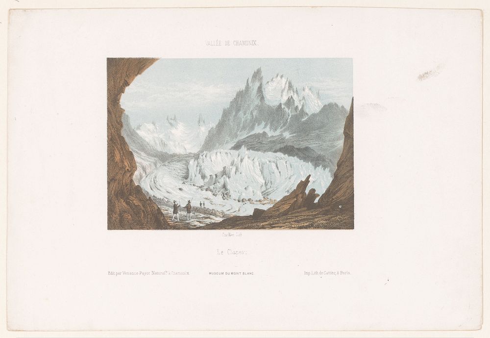 Gezicht op de berg Le Chapeau in de vallei van Chamonix (1840 - 1852) by Ad Cuvillier, Imprimerie lithographique de Cattier…