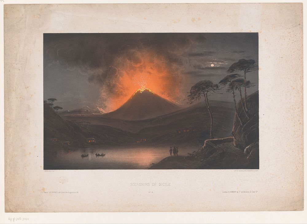Gezicht op de Etna tijdens een uitbarsting (1828 - 1863) by Victor Jean Baptiste Petit, Pierre François Godard II, Sébastien…