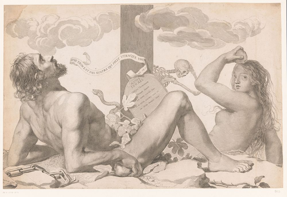 Adam en Eva aan de voet van het kruis (1608 - 1688) by Claude Mellan