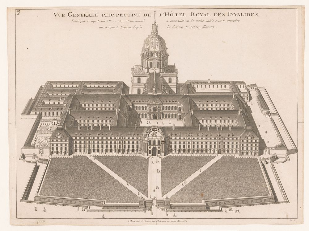 Gezicht op het Hôtel des Invalides van boven (1728 - 1755) by Claude Lucas and François Chéreau II
