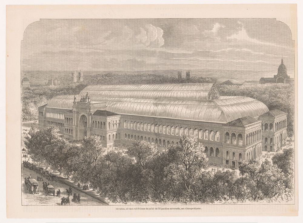 Gezicht op het Palais de l'Industrie (1854) by Best Hotelin et Cie and Jacques Julien Dubochet