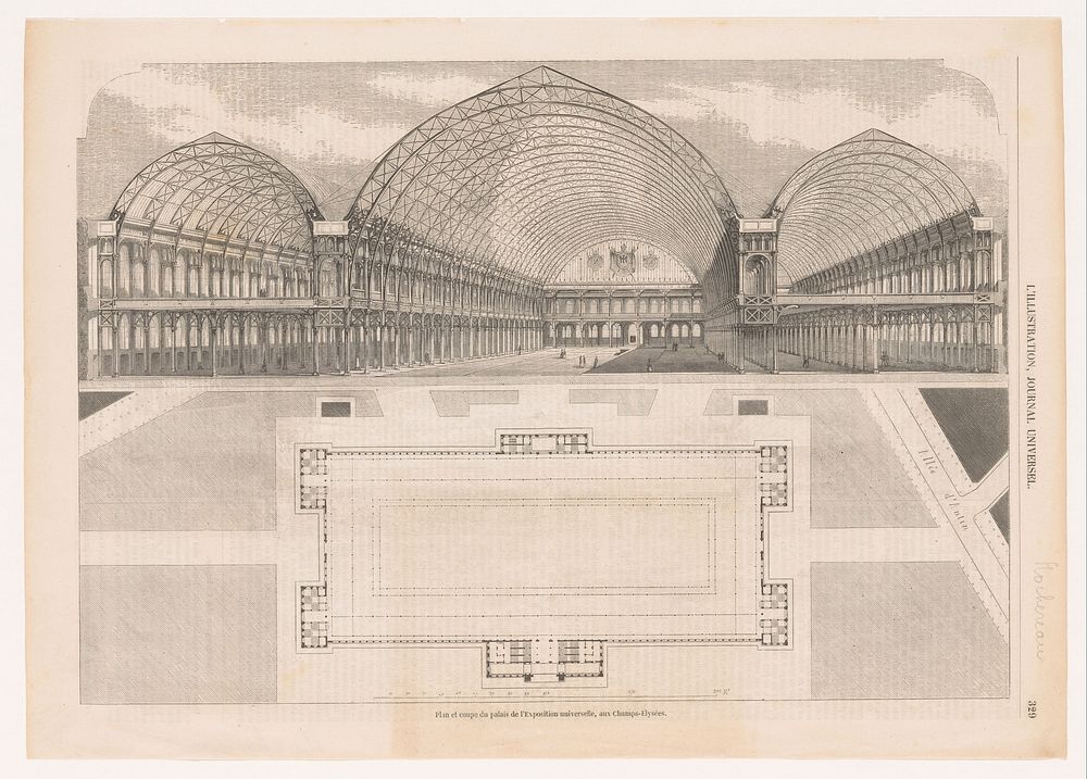 Gezicht op het interieur van het Palais de l'Industrie met plattegrond (1854) by anonymous and Jacques Julien Dubochet