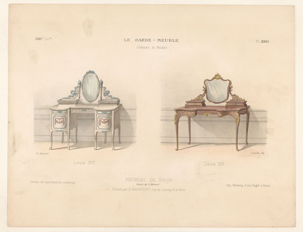 Twee salontafels, in de Lodewijk XVI-stijl en de Lodewijk XV-stijl (1885 - 1895) by Léon Laroche, Eugène Maincent, Monrocq…