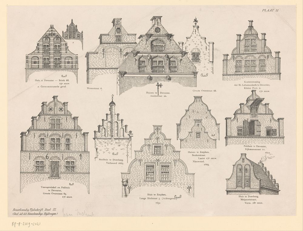 Reproductie van tekeningen met gevels van verschillende huizen in Deventer, Doesburg en Zutphen (1904) by anonymous and…