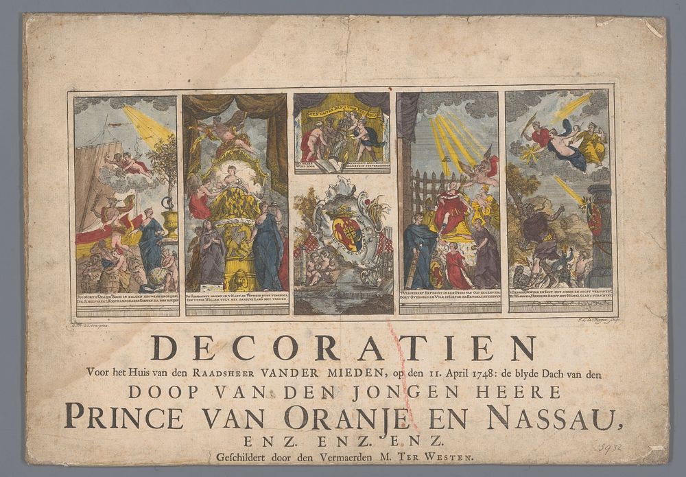 Decoraties op het huis van raadsheer van der Mieden op de dag van de doop van Willem V (1748) by Isaac Lodewijk la Fargue…