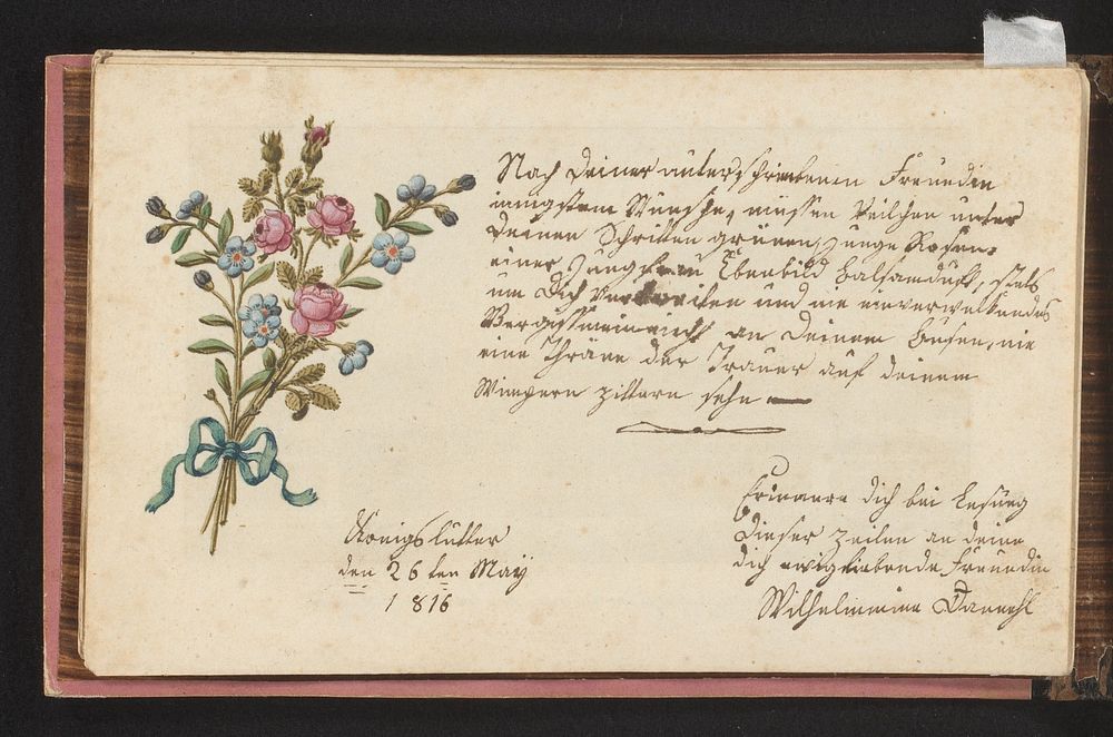 Rozen en vergeet-me-nietjes bijeengebonden bij tekst (1770 - 1816) by anonymous and Johann Carl Wiederhold