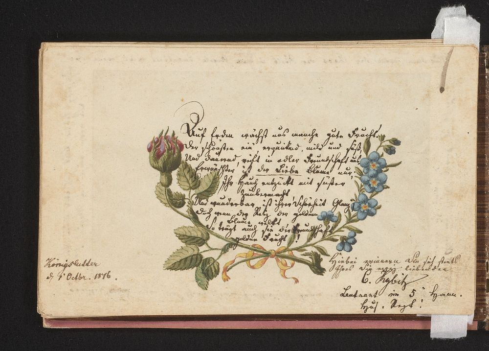 Tekst boven een bij elkaar gebonden roos en vergeet-me-nietje (1770 - 1816) by anonymous and Johann Carl Wiederhold