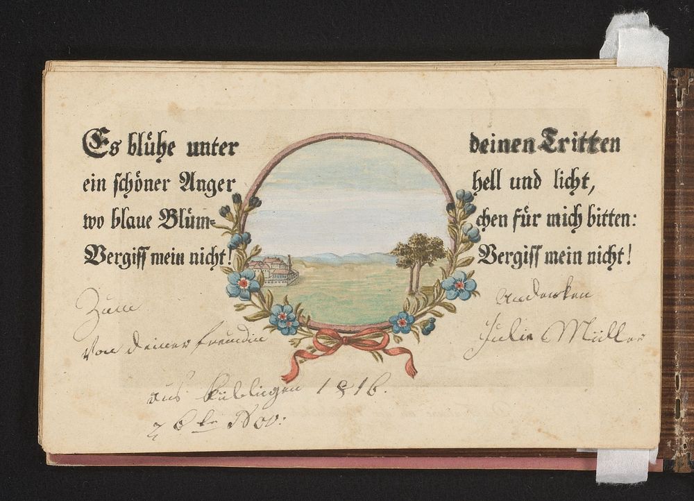 Tekst om een landschap met boom in omlijsting van vergeet-me-nietjes (1770 - 1816) by anonymous and Johann Carl Wiederhold