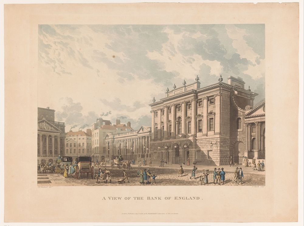 Gezicht op de Bank of England, Londen (1816) by Daniel Havell, Thomas Hosmer Shepherd and Rudolph Ackermann