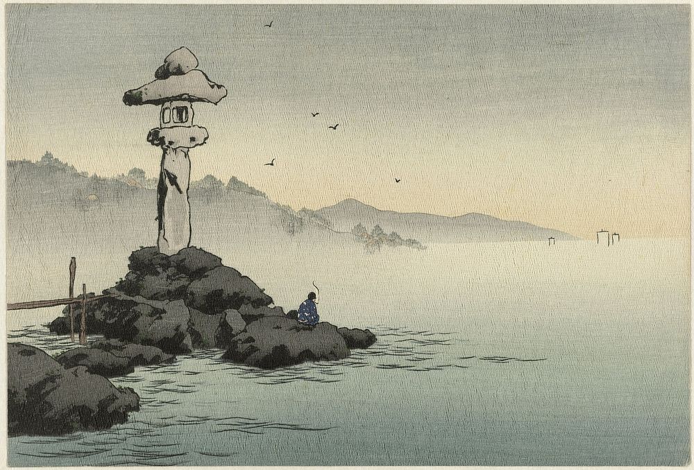 Lantaren op een rots aan de kust (c. 1890 - c. 1900) by anonymous