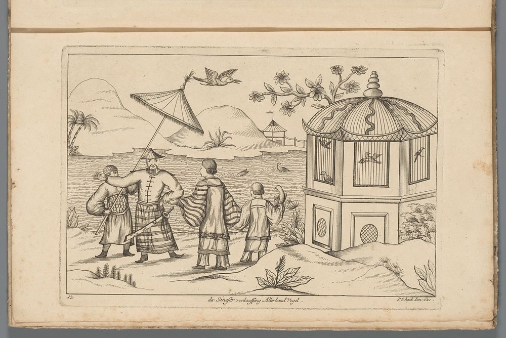 Landschap met Chinese vogelverkopers (1727 - 1775) by Pieter Schenk II, Pieter Schenk II and Pieter Schenk II