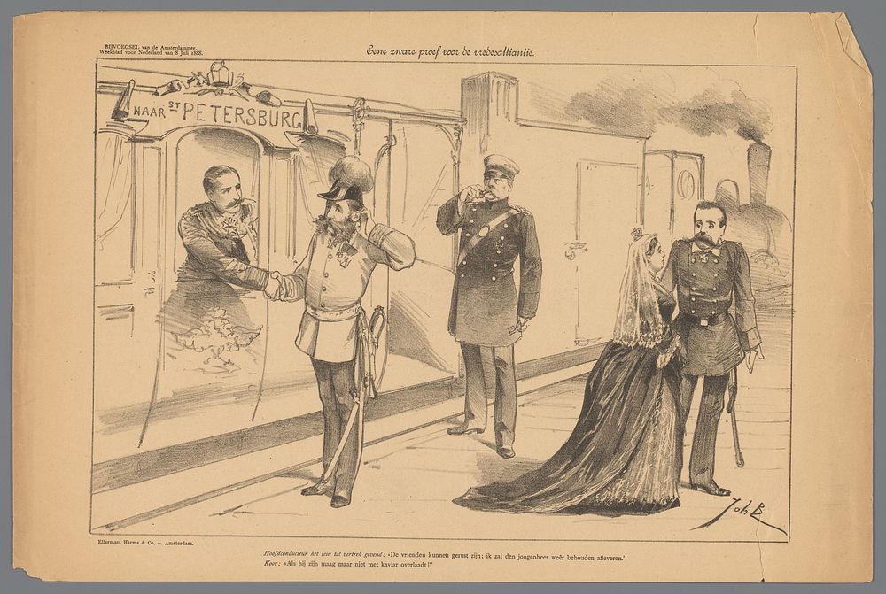 Spotprent van figuren op het perron bij een trein naar Sint-Petersburg (1888) by Johan Braakensiek, Harms and Co Ellerman…