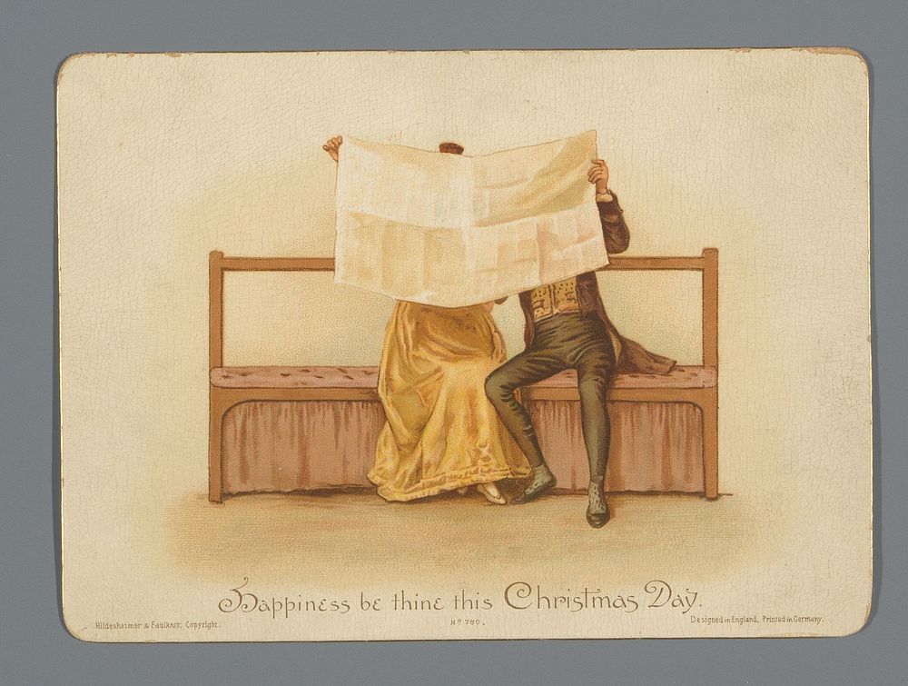 Kerstkaart met een man en vrouw die samen de krant lezen (1881 - c. 1930) by anonymous and Hildesheimer and Faulkner