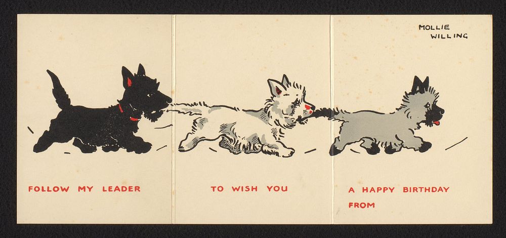 Verjaardagskaart met drie honden (c. 1930 - c. 1950) by anonymous, Mollie Willing and Medici Society Ltd