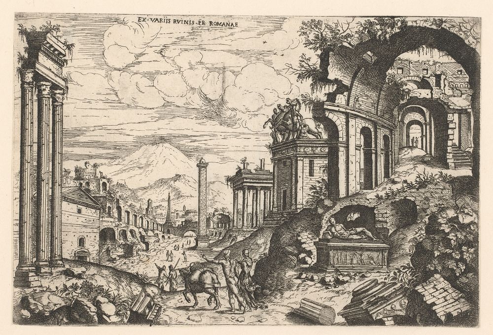 Landschap met ruïnes en reizigers (EX. VARIIS RVINES PR. ROMANAE) (1561) by Giovanni Battista Pittoni I and Giovanni…