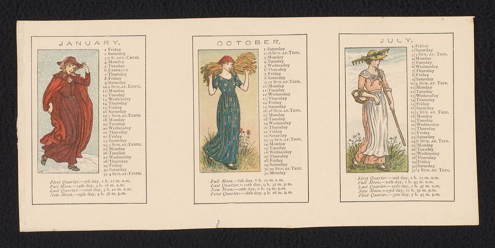 Zes proefdrukken voor 'Kate Greenaway's Almanack for 1892' (in or before 1891) by Edmund Evans, Kate Greenaway and Edmund…