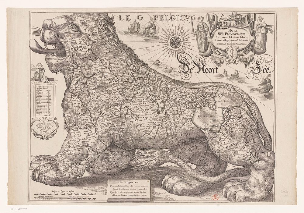 Kaart van de Zeventien Provinciën in de vorm van de Nederlandse leeuw (1656) by Hessel Gerritsz, Hessel Gerritsz, Claes…