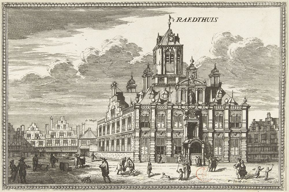Gezicht op het stadhuis te Delft (1678 - 1703) by Coenraet Decker, Pieter Smith, Arnold Bon and Pieter Mortier I