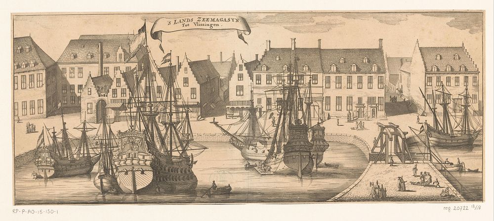 Gezicht op 's Lands Zeemagazijn te Vlissingen (1696) by anonymous, Johannes Meertens and Abraham van Someren