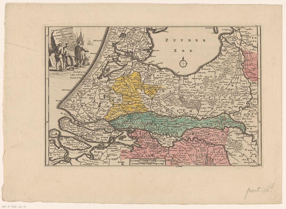 Kaart van Midden-Nederland waarop de overstromingen in de jaren 1726 en 1740-1741 zijn aangegeven, met gedrukte verklaring…