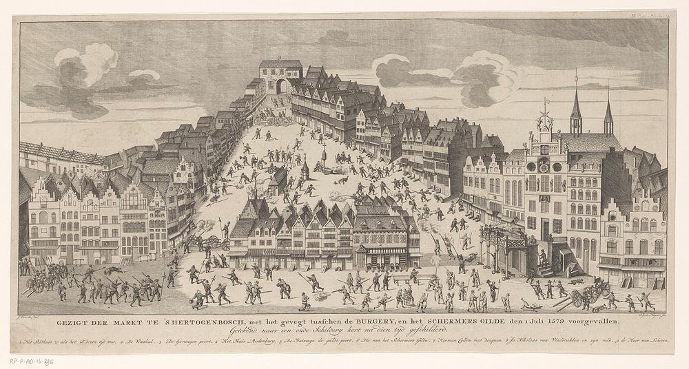 Straatgevechten te 's-Hertogenbosch tussen de bevolking en het schermersgilde, 1579 (1776) by Carel Jacob de Huyser, J…