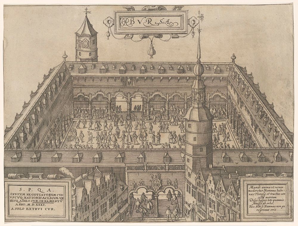 Gezicht op de Handelsbeurs van Antwerpen (1609 - 1617) by anonymous, Cornelis Claesz, Abraham Maire, Willem Janszoon Blaeu…