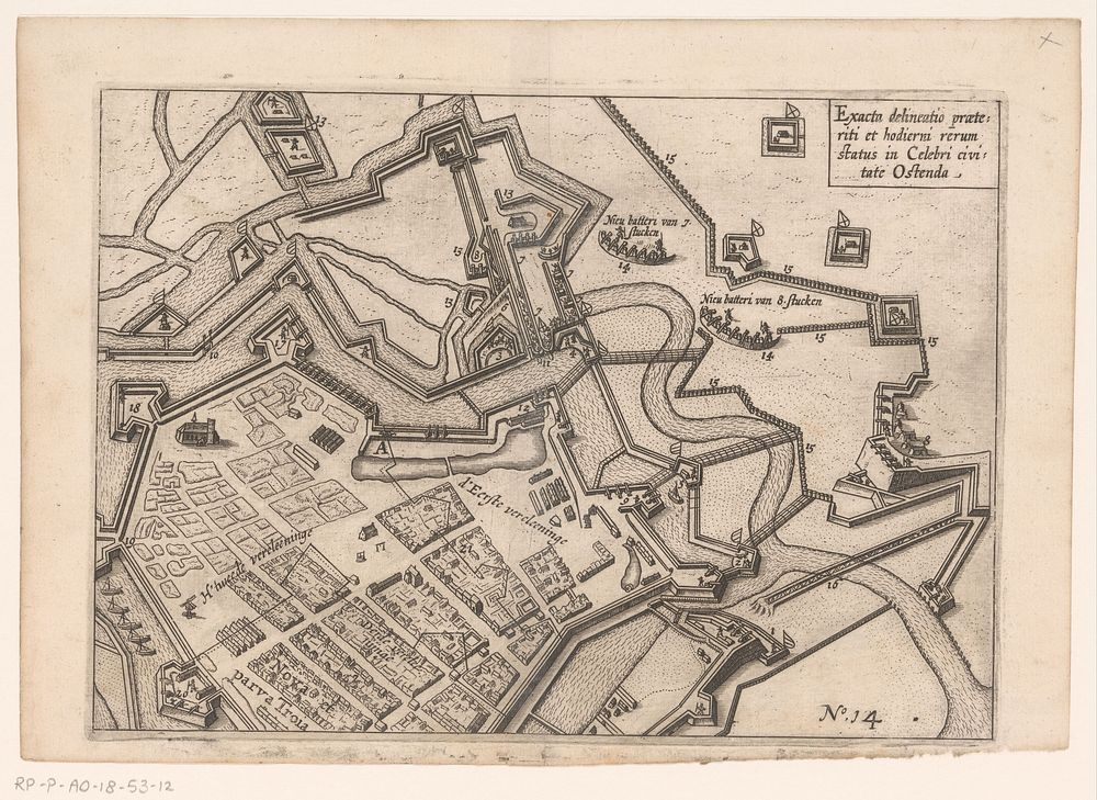 Beleg van Oostende: oude en nieuwe verdedigingswerken, 1604 (1615) by anonymous and Baptista van Doetechum