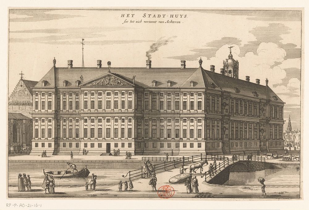 Gezicht op de achterkant van het Stadhuis op de Dam (1663 - 1664) by Jacob van Meurs, Jacob van Meurs and Joachim Nosche
