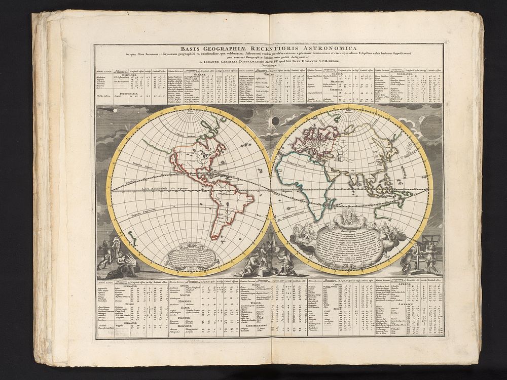 Wereldkaart in twee hemisferen met tabellen met aan sterrenkunde gerelateerde geografische informatie (1742) by anonymous…